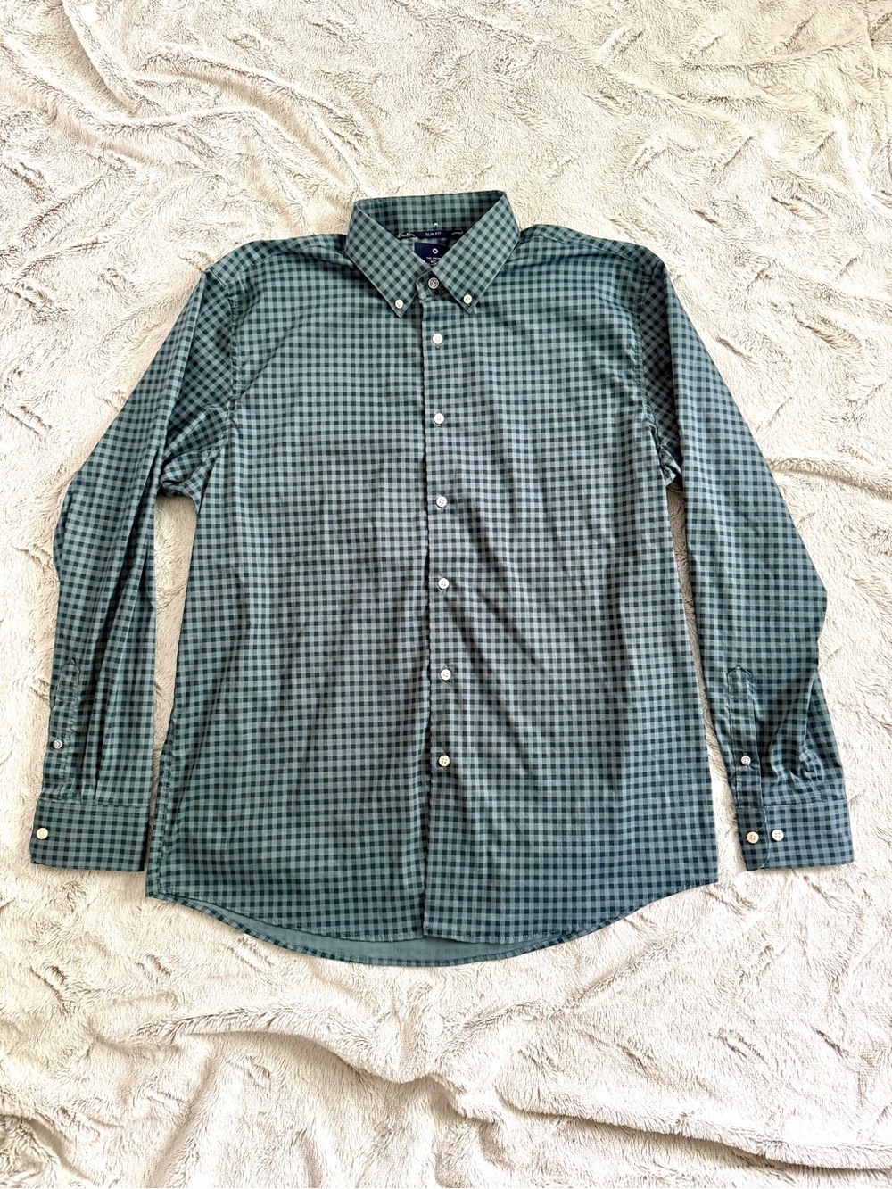 Ben Sherman Original Slim Fit Gingham Plaid Button Down Shirt Green Stretch L